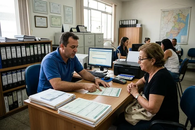 Profissional orientando cliente sobre licenciamento veicular.