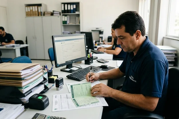 Profissional realizando transferência de documento de veículo.